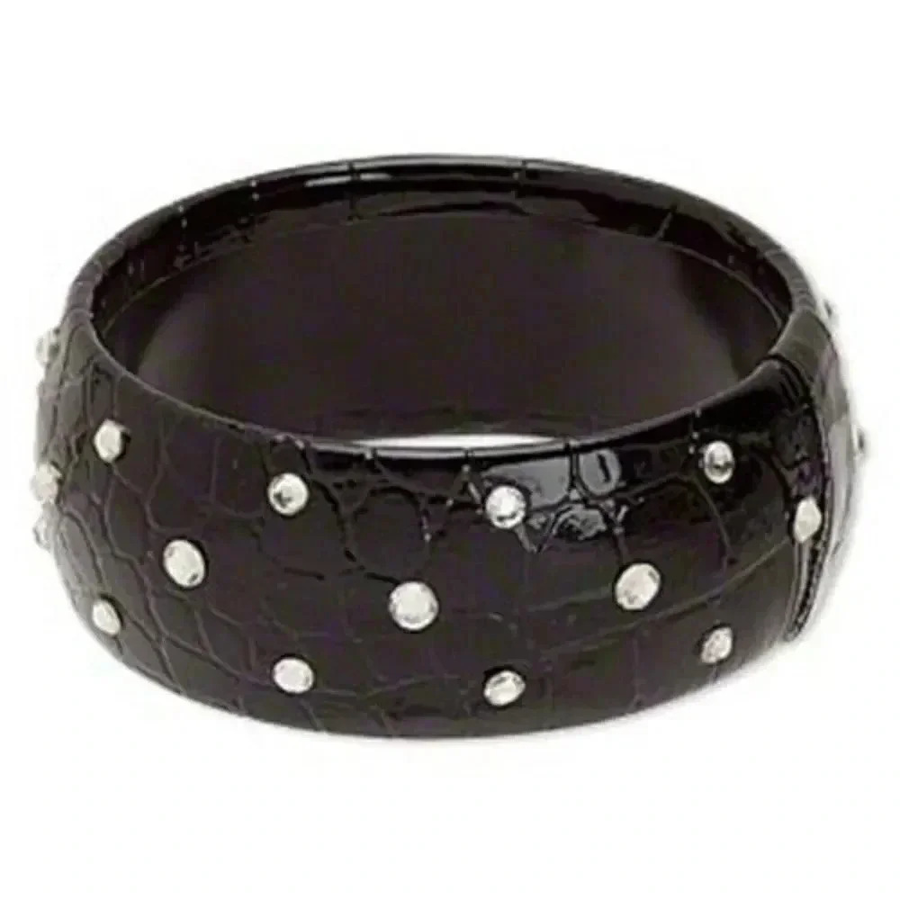 Retro Black Faux Croc and Clear Rhinestones 32mm Wide Vinyl Bangle Bracelet